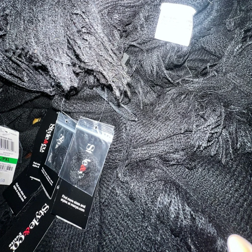 Elegant Vintage Soul Black Retro Shawl Poncho Wrap with Fringe Deadstock NWT NEW